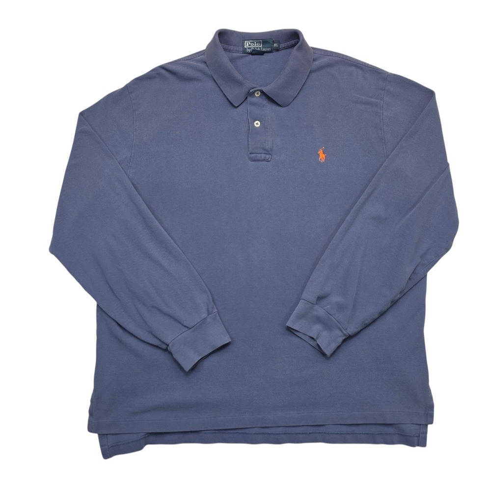 Polo Ralph Lauren Mens XL Long Sleeve Polo Shirt Blue Orange Pony Pique Cotton
